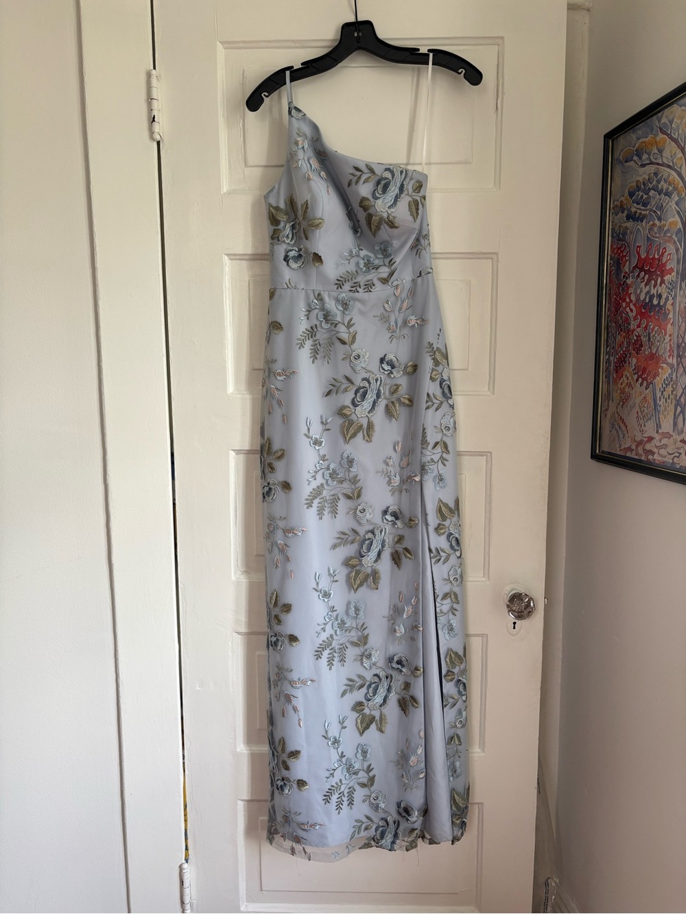 One-Shoulder Light Blue Floral Formal Dress